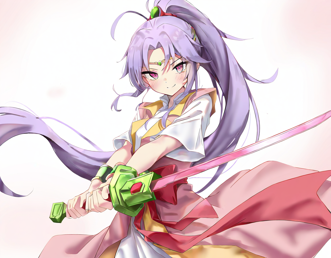 beimingxue,1girl,solo,looking at viewer,simple background,weapon,sword,holding,holding weapon,holding sword,fighting stance,looking at viewer,two-handed,smile,blush,<lora:beimingxue-000016:1>,, masterpiece, best quality, very aesthetic, absurdres,newest, incredibly absurdres,, toshizou \(0714\)