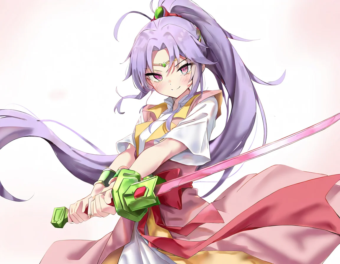 beimingxue,1girl,solo,looking at viewer,simple background,weapon,sword,holding,holding weapon,holding sword,fighting stance,looking at viewer,two-handed,smile,blush,<lora:beimingxue-000016:1>,, masterpiece, best quality, very aesthetic, absurdres,newest, incredibly absurdres,, toshizou \(0714\)