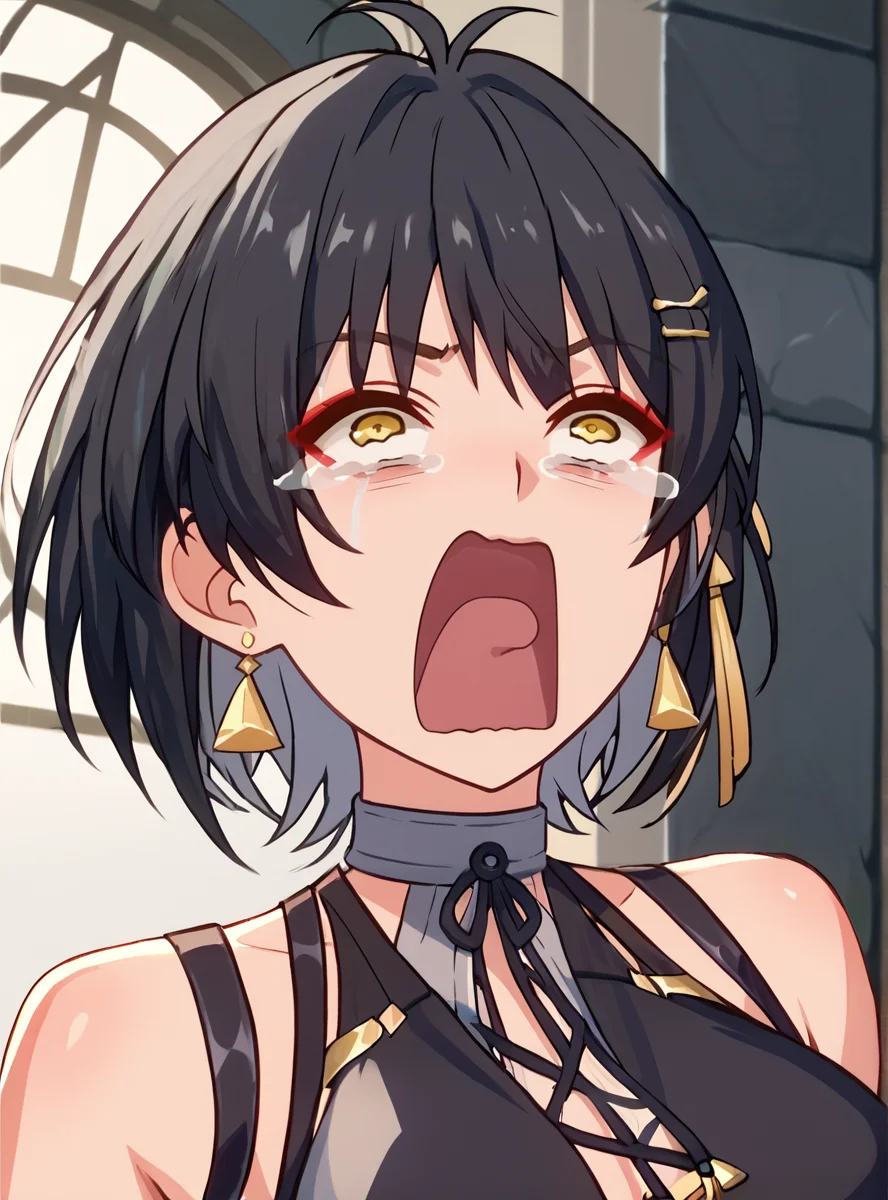 score_9, score_8_up, score_7_up, score_6_up, score_5_up, score_4_up source_anime, anime screencap, <lora:Female_Rover_Wu_Wa:0.8>femaleroverwuwa, black hair, gloves, bare shoulders, dress, black gloves, yellow eyes, hair ornament, , short hair, long hair, fingerless gloves, jewelry, earrings, , black dress, sleeveless,looking at viewer, large breast,,upper body, <lora:concept_aquascreaming_ponyXL:1>aquascreaming, screaming, open mouth, crying with eyes open,upper body,