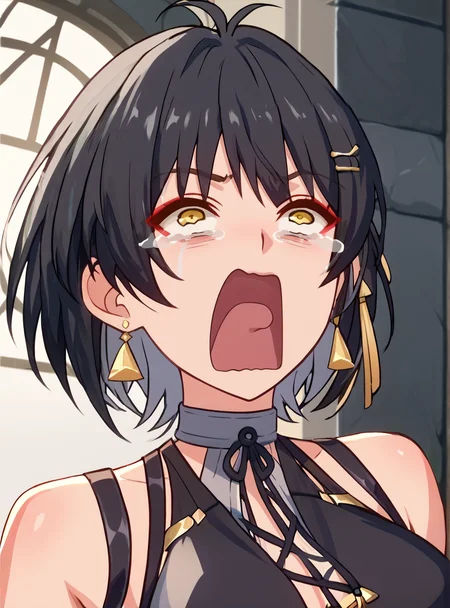 score_9, score_8_up, score_7_up, score_6_up, score_5_up, score_4_up source_anime, anime screencap, <lora:Female_Rover_Wu_Wa:0.8>femaleroverwuwa, black hair, gloves, bare shoulders, dress, black gloves, yellow eyes, hair ornament, , short hair, long hair, fingerless gloves, jewelry, earrings, , black dress, sleeveless,looking at viewer, large breast,,upper body, <lora:concept_aquascreaming_ponyXL:1>aquascreaming, screaming, open mouth, crying with eyes open,upper body,