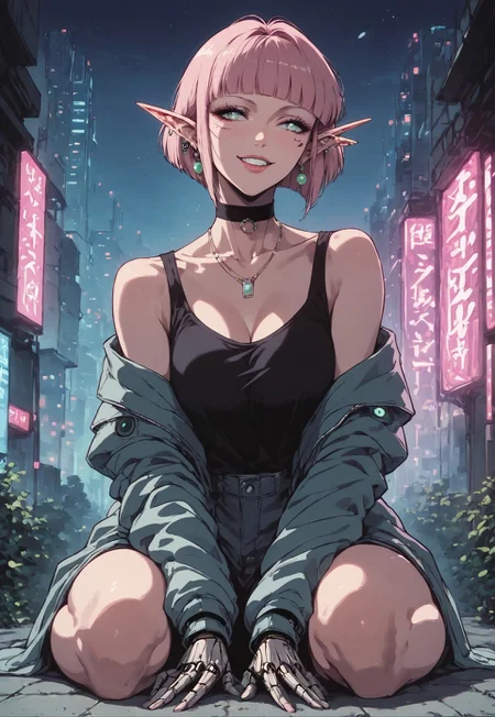 safe_pos, score_9, score_8_up, score_7_up, Expressiveh, high-quality, ultra-high-definition, fine details, highly detailed eyes, meticulously crafted, crisp, highest quality, ASTHTC, cmte, forehead, detailed skin, detailed lighting, realistic, stunning woman, elf, pointed ears, solo, milf, huge ass, bottom heavy, huge tits, huge soft thighs, curvy, wide hips, earrings, looking away, smug, haughty, wide grin, salmon pink hair, short bob hair, blunt bangs, full body, medium shot, green hazel eyes, choker, android, prosthetic arms, piercings, necklace, bomber jacket, black crop cami top, pov, close-up, outdoors, pinup pose, at night, night time, ambient lighting, halftone, cyberpunk neon city background
