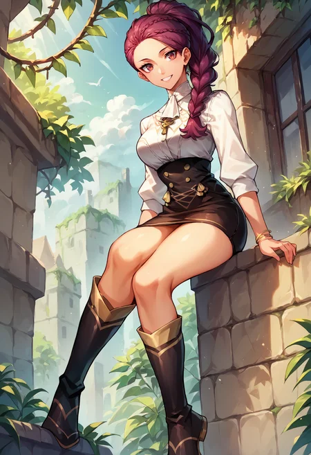 score_9, score_8_up, score_7_up, <lora:Petra-pdxl:1> ,petra-gmu, braid, side ponytail, high ponytail, gold trim, high waist skirt, knee boots, white shirt, smile, single braid, hair over shoulder,