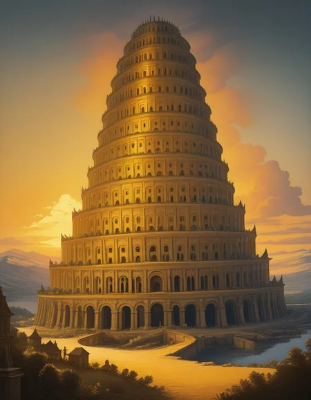 <lora:Tower_of_Babel:1> tower of babel ,golden sunset light, elegant architecture, peaceful setting, warm atmosphere, fantasy realism,masterpiece,best quality,amazing quality