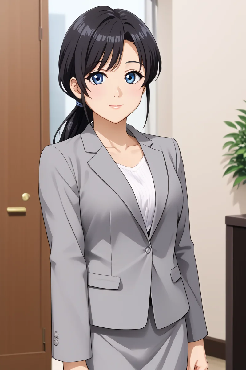 ameku mazuru, 1girl, solo, long hair, looking at viewer, smile, bangs, blue eyes, skirt,hotel lobby, shirt, black hair, long sleeves, jewelry, closed mouth, standing, jacket, cowboy shot, white shirt, low ponytail, miniskirt, formal, suit, grey skirt, pencil skirt, grey jacket, office lady, skirt suit, large breast, collarbone, <lora:HandFixer_pdxl_Incrs_v1:1> make up, <lora:Ameku_Mazuru_ATSK_Pony:1> young-adult, bare thigh, anime coloring, long hair, big eyes,