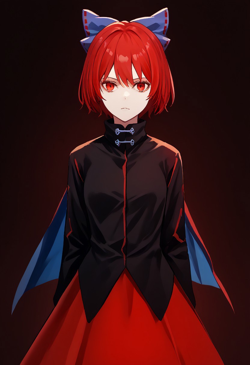score_9, score_8_up, score_7_up, score_6_up, score_5_up, score_4_up, source_anime, solo, 1girl, 
sekibanki, red hair, red eyes, blue bow, black shirt, long sleeves, red skirt, two-tone cape, 
masterpiece, best quality, very aesthetic, absurdres,