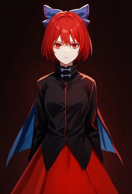score_9, score_8_up, score_7_up, score_6_up, score_5_up, score_4_up, source_anime, solo, 1girl,
sekibanki, red hair, red eyes, blue bow, black shirt, long sleeves, red skirt, two-tone cape,
masterpiece, best quality, very aesthetic, absurdres,
