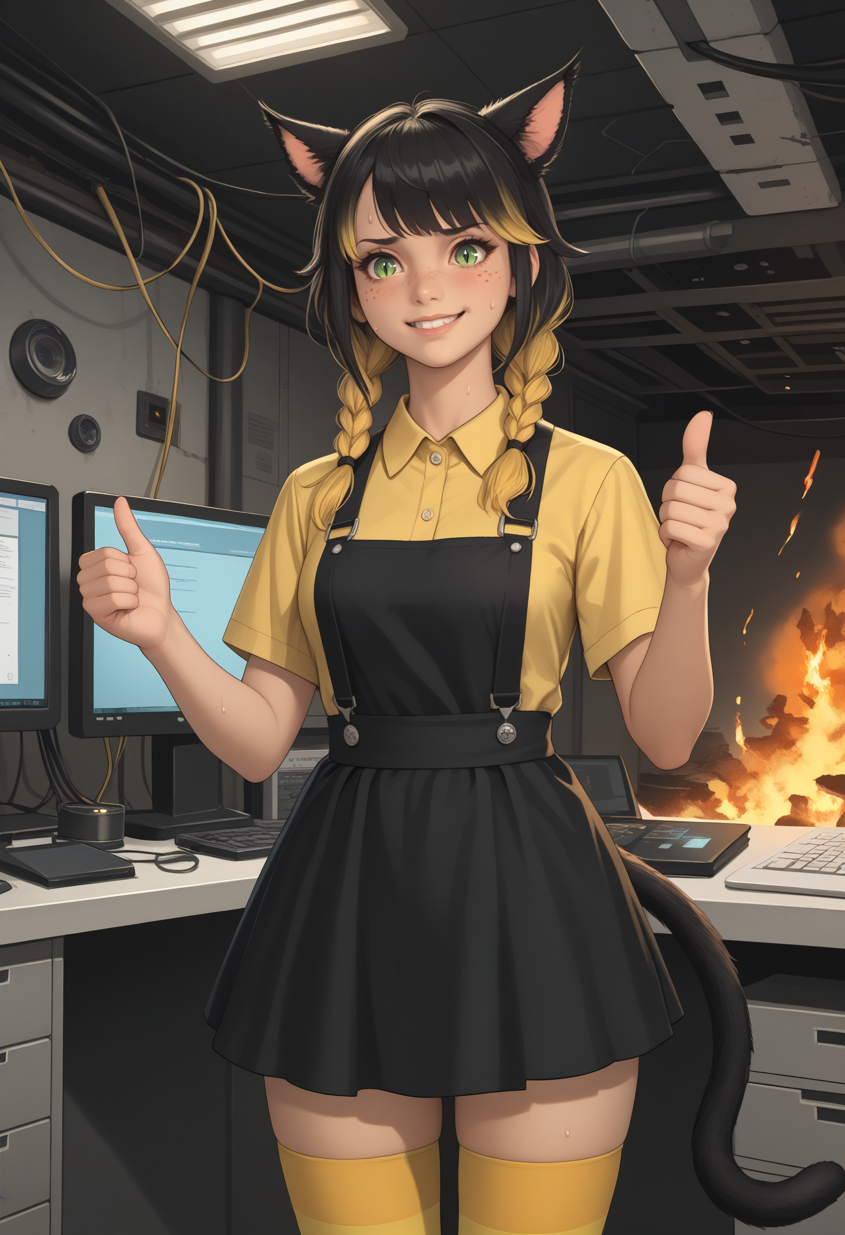 score_9, score_8_up, score_7_up BREAK indoors, fire, debris, burning building, computer, server, wire, circuit, <lora:clamXIVMC_v20:0.8> xivmc, animal ears, black hair, yellow hair, two-tone hair, twin braids, green eyes, slit pupils, freckles, cat tail, yellow shirt, suspenders, black skirt, black thighhighs, yellow thighhighs, striped thighhighs, sweat drop, nervous, nervous smile, thumbs up