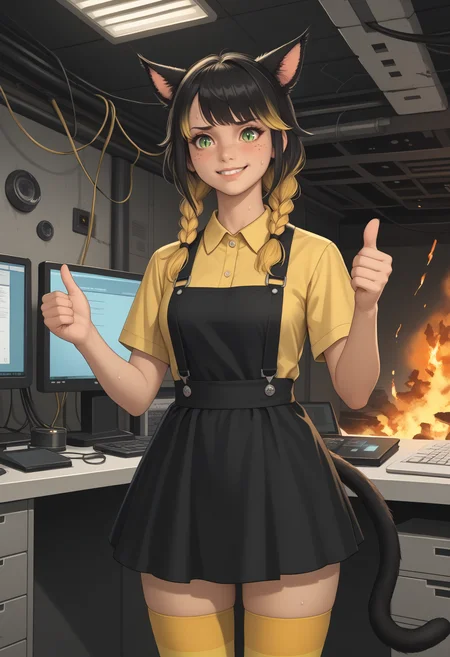 score_9, score_8_up, score_7_up BREAK indoors, fire, debris, burning building, computer, server, wire, circuit, <lora:clamXIVMC_v20:0.8> xivmc, animal ears, black hair, yellow hair, two-tone hair, twin braids, green eyes, slit pupils, freckles, cat tail, yellow shirt, suspenders, black skirt, black thighhighs, yellow thighhighs, striped thighhighs, sweat drop, nervous, nervous smile, thumbs up