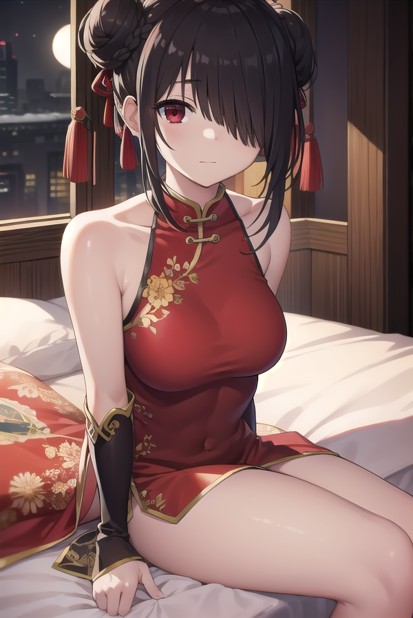 kurumitokisaki, <lora:kurumitokisaki:1>, tokisaki kurumi, black hair, low twintails, (hair over one eye:1.5), (red eyes:1.2), (small breast:1.2), BREAK bare shoulders, thighs, detached sleeves, hair bun, double bun, chinese clothes, china dress, BREAK looking at viewer, BREAK indoors, bed, bedroom, BREAK <lora:GoodHands-vanilla:1>, (masterpiece:1.2), best quality, high resolution, unity 8k wallpaper, (illustration:0.8), (beautiful detailed eyes:1.6), extremely detailed face, perfect lighting, extremely detailed CG, (perfect hands, perfect anatomy),