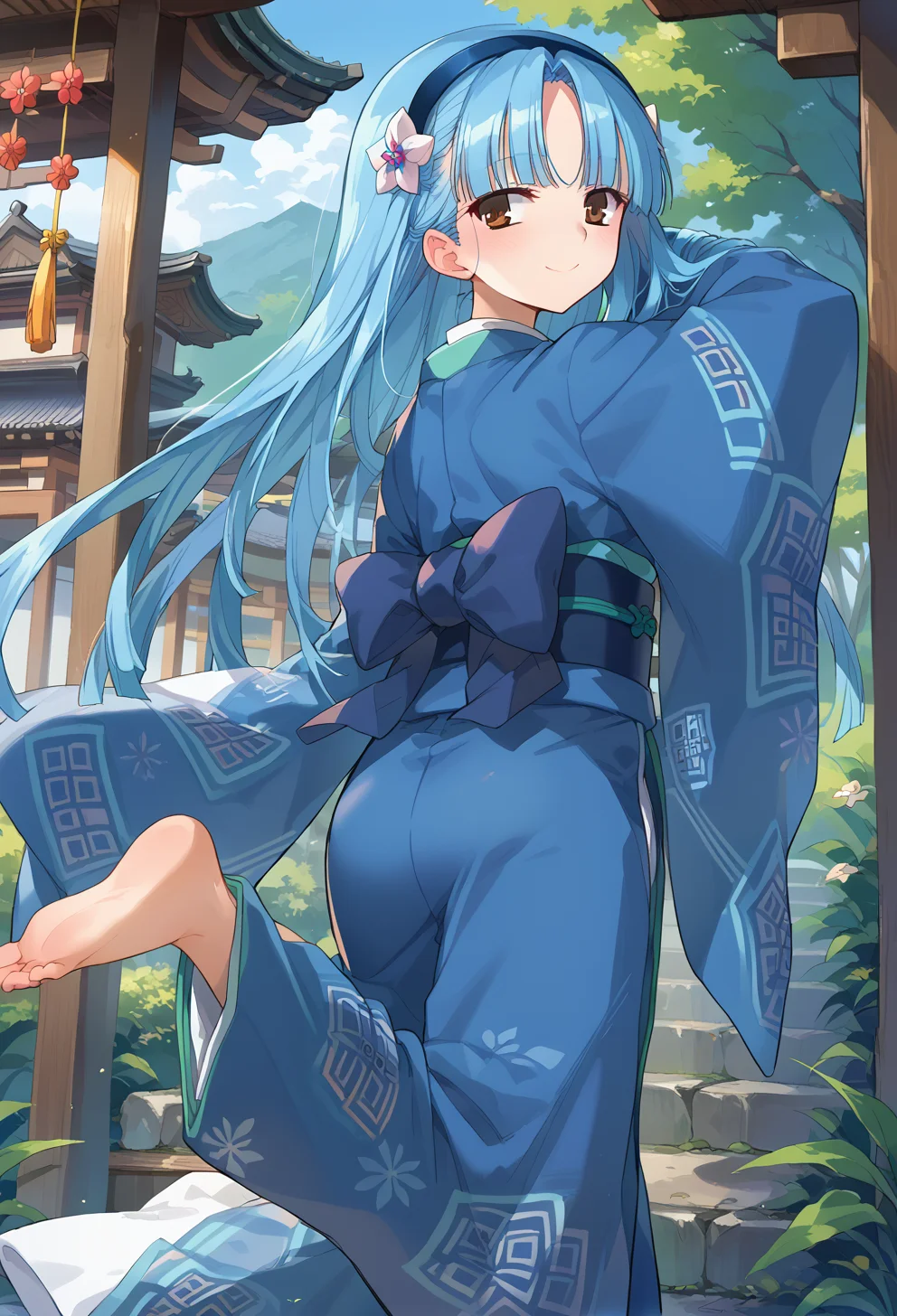 score_9, score_8_up, score_7_up, source anime, yukihime, 1girl, solo, long hair, blue hair, hairband, japanese clothes, kimono, brown eyes, smile, hair flower, blush, looking back, arm behind head, standing on one leg, <lora:yukihime-xl-pony-v1:1>,