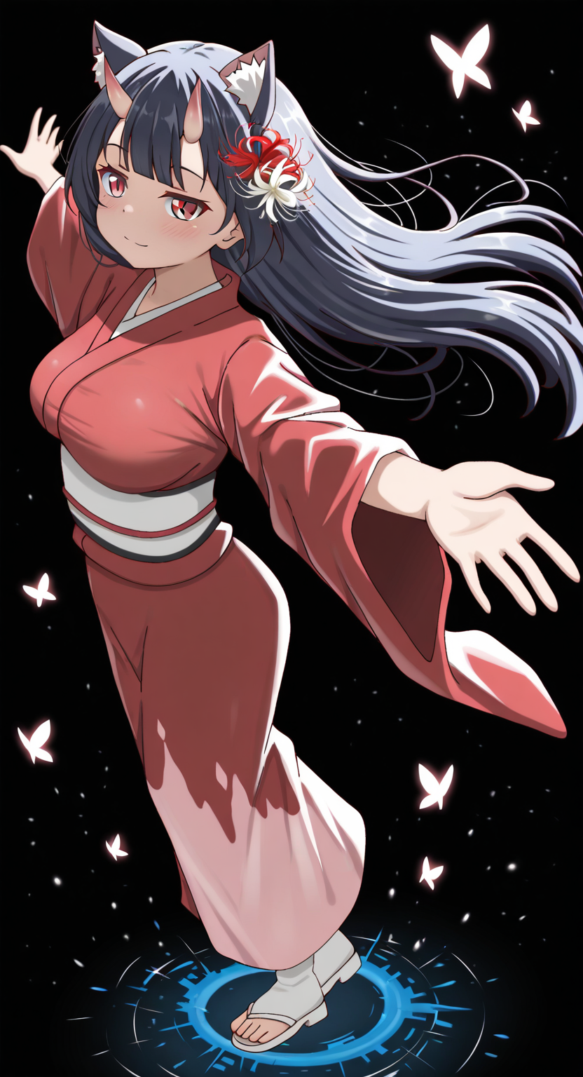 masterpiece, cute, lovely, newest, absurdres, (best quality:1.3), amazing quality, very aesthetic, 1girl, solo, high_resolution, hq, 4k, BREAK. high gradient eyes, very cute, light particles, cute details, cute colors, (Poa_Mellhen_Style), oni, oni horns, dark blue hair, straight hair, blunt bangs, pink eyes, slit pupils, (big breasts:0.6), naughty face, smug, BREAK, animal ears, portrait, cat ears, expressionless, floating hair, hair flower, japanese clothes, kimono, Butterfly, shoes, toeless footwear, yukata, looking at viewer, looking to the side, outstretched arms, outstretched hand, reaching, spread arms, flower, spider lily, solo, glitch, black background, from side, foreshortening, full body, closed mouth, digital dissolve, pixelated, one eye covered, reaching towards viewer, red flower, red kimono, white flower, white footwear, intricate details, vivid colors, smooth shading, dynamic lighting, professional illustration, soft gradients, balanced composition, elegant pose, high-resolution, sharp focus, 8k, hdr, crisp lines, perfect lighting, sharp eyes, detailed eyes, highly detailed