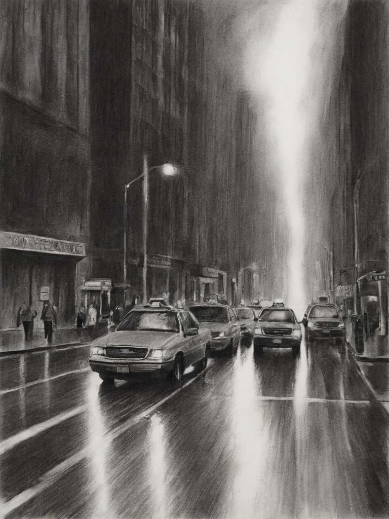 city streets, traffic lights, rain<lora:A_Graphite_Style:1.2> graphite_charcoal, bold srokes, paper grain
