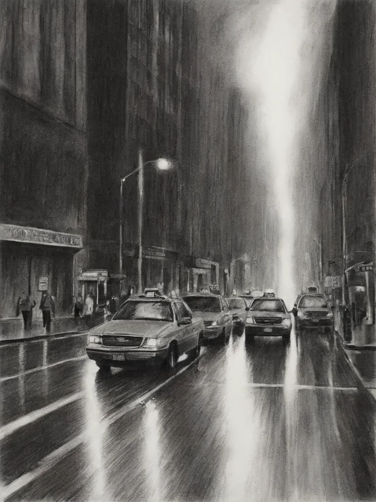 city streets, traffic lights, rain<lora:A_Graphite_Style:1.2> graphite_charcoal, bold srokes, paper grain
