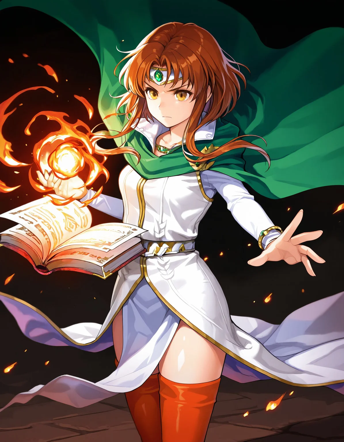 1girl,<lora:miranda feh_illustriousXL:0.8>,miranda feh,circlet,cape,bracelet,dress,pelvic curtain,thighhighs,cowboy shot,serious,standing,reaching out,holding book,open book,magic,fire effect,masterpiece,best quality,amazing quality,