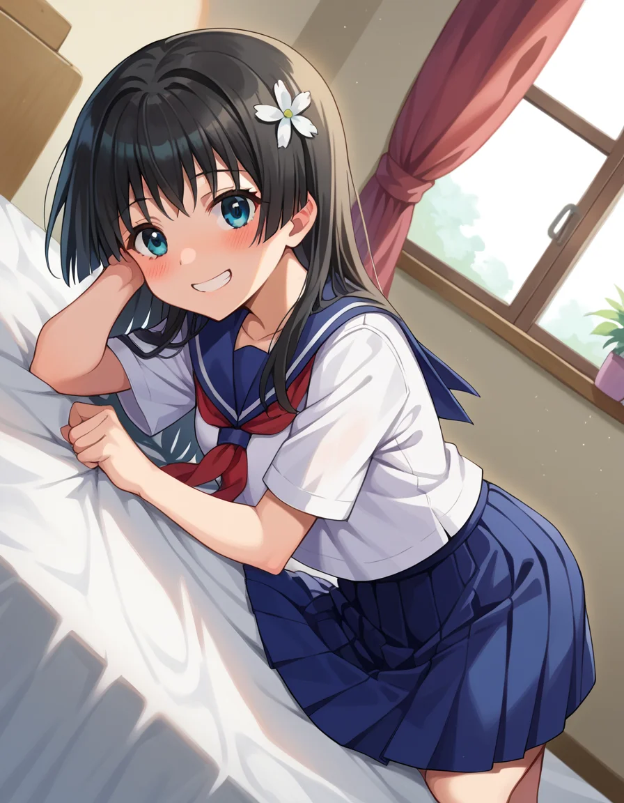score_9, score_8_up, score_7_up, source_anime,
satenruiko, <lora:saten-ruiko-ponyxl-lora-nochekaiser:1>,
saten ruiko, black hair, blue eyes, long hair, hair ornament, flower ornament, smile,
blue skirt, pleated skirt, sakugawa school uniform, school uniform, serafuku, skirt, summer uniform,
indoors, bed, bed room, on side, blush, drunk,
looking at viewer, cowboy shot, dutch angle,