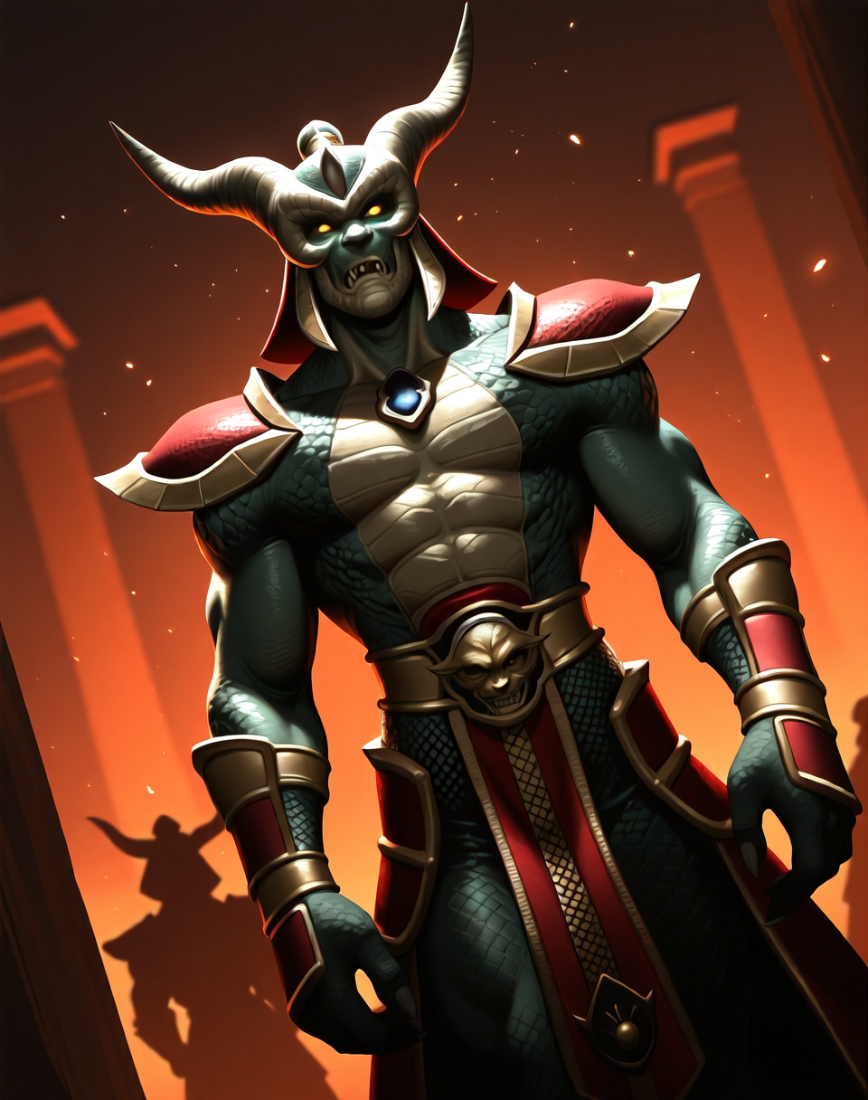 <lora:Onaga_(Mortal_Kombat)_(Illustrious)_(AD):1> Onaga, dragon, Mortal Kombat, 
dutch angle, exterior, temple, dark picture, cowboy shot, 
male focus, gradient coloring, villain, 
BREAK very awe, aesthetically pleasing, masterpiece, best quality, amazing quality, very aesthetic, perfect depth of field shot, in'ei,
Smooth Quality, lazympos, IllustQualXL_Pos,