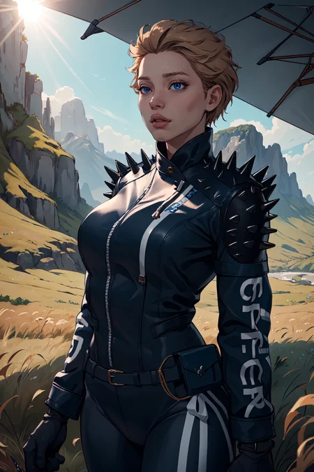 (masterpiece,best quality,absurdres,beautiful,aesthetic,detailed),cinematic lighting,outside,field,sunlight,stream, 1girl,fragileds, gloves, bodysuit, jacket, shoulder spikes <lora:fragileds_1:0.8>