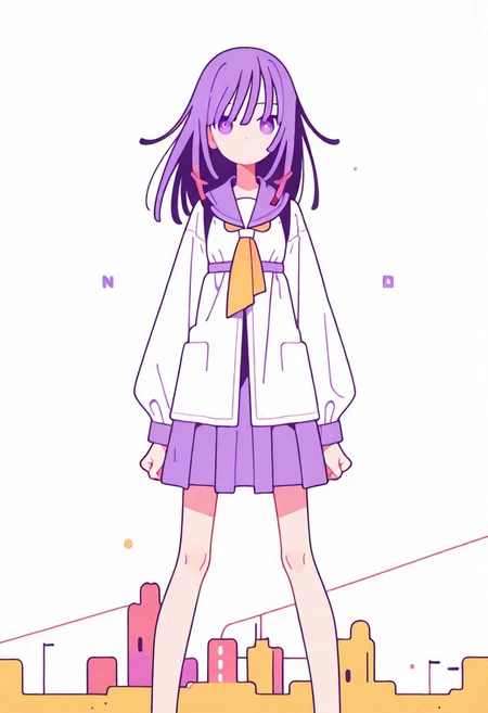 Flatline, Flat vector illustration, looking at viewer, full_body, 
nadeko, long hair, long bangs, school_uniform, sailor, 
slim, slender, knees, 
from front, front view, straight-on, look at viewer, standing, (legs apart:1.4), 
white background,