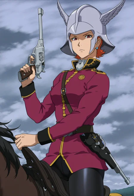 masterpiece, best quality, good quality, <lora:GOKycilia:1>, GOKyciliaE1, 1girl, short hair, orange hair, red eyes, earrings, winged helmet, 
ascot, red military uniform, black leggings,
yellow boots,
holster, holding revolver,
looking at viewer, riding horse,
BREAK colony sky, outdoors,