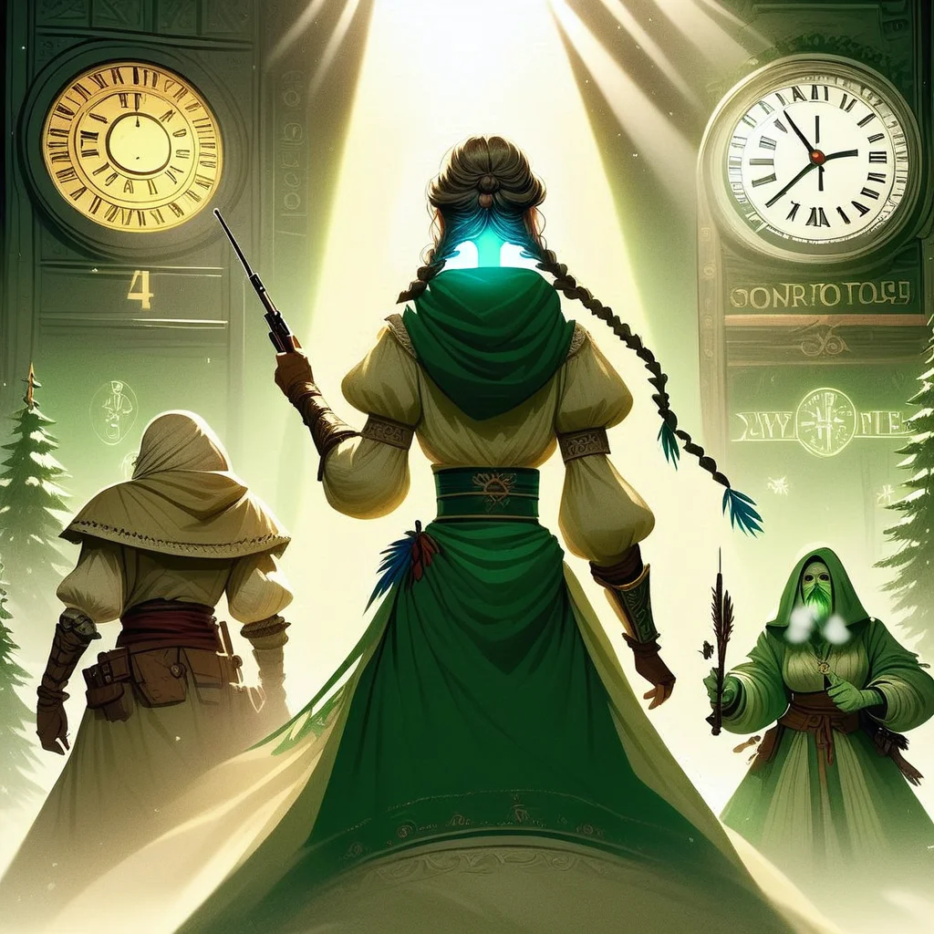 bddstyle, bangs, puffy sleeves, vambraces, half updo, eyeshadow, glowing, facing away, clock tower, light rays, bald, twin braids, sash, green lips, open clothes, rifle, breath, feathers, ground vehicle, pine tree, holding wand, brown gloves, hood up, hand up, old woman, thighhighs, handgun