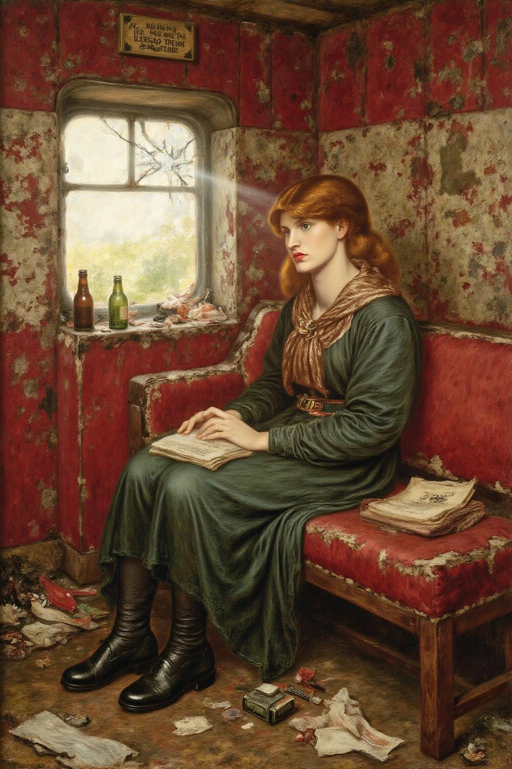 dgr painting. A scene from 18th Century Victorian era.
a girl sitting in a dilapidated Victorian era train car. The train's red interior is faded and worn, with patches of rust staining the walls and ceiling. Garbage, broken bottles, and scraps of paper litter the floor, adding to the sense of decay. The girl sits on a torn, upholstered bench, her posture thoughtful and melancholic, with light streaming through a cracked window to illuminate her figure. Her attire blends vintage elegance with subtle modern touches, featuring a tailored coat and a scarf that catches the soft rays of light. Leyendecker's signature use of bold, confident brushstrokes and interplay of light and shadow bring depth to the scene, emphasizing the textures of the rust, the glossy shards of glass, and the folds of the girl's clothing. The mood is one of poignant beauty, juxtaposing the ruinous surroundings with the girl's quiet grace. 
  <lora:dgr1_cap_d6a3e8:1.0><lora:819495759113296728:0>