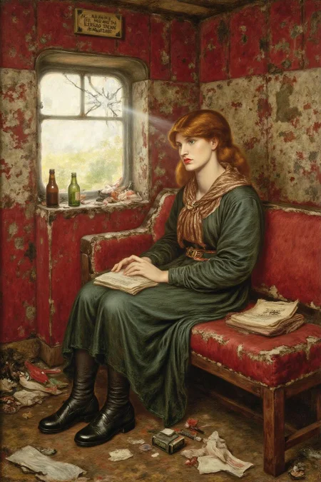 dgr painting. A scene from 18th Century Victorian era.
a girl sitting in a dilapidated Victorian era train car. The train's red interior is faded and worn, with patches of rust staining the walls and ceiling. Garbage, broken bottles, and scraps of paper litter the floor, adding to the sense of decay. The girl sits on a torn, upholstered bench, her posture thoughtful and melancholic, with light streaming through a cracked window to illuminate her figure. Her attire blends vintage elegance with subtle modern touches, featuring a tailored coat and a scarf that catches the soft rays of light. Leyendecker's signature use of bold, confident brushstrokes and interplay of light and shadow bring depth to the scene, emphasizing the textures of the rust, the glossy shards of glass, and the folds of the girl's clothing. The mood is one of poignant beauty, juxtaposing the ruinous surroundings with the girl's quiet grace. 
  <lora:dgr1_cap_d6a3e8:1.0><lora:819495759113296728:0>
