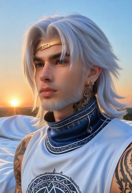 Gay++, homoerotic, hyper masculine, solo, (white hair, white body hair, white beard), (((male))), sheets covering body, in the bedroom, sitting on bed, headshot, sunrise, 20yo, gray eyes, scruffy, confident, (medium hair), ((athletic, narrow waist, wide shoulders)), cocky, gigachad, scruffy, shaggy, head tilted back++, face freckles, earrings, nose piercing, eyebrow piercing, blackout tattoos, tattoos, white tank, BREAK
Portrait photo, close up picture, close up detail, zoomed in on face, from the neck up, relaxed, in bed, morning, sunrise, (warm lighting)
bokeh, highly detailed, Fujifilm XT-4,
LanGe, LanGe_silver-blue-hair, LanGe_long-medium-wavy-hair, LanGe_dark-eyebrows, LanGe_gray-eyes, LanGe_asian-shaped-eyes, LanGe_golden-head-ornament,