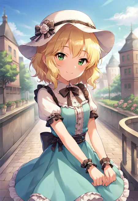 score_9, score_8_up, score_7_up, source_anime,sakurai momoka, blonde hair, green eyes, short hair, 1girl, hat, dress, outdoors, smile, wrist cuffs, lamppost, solo, looking at viewer, frills, short sleeves, blush, day