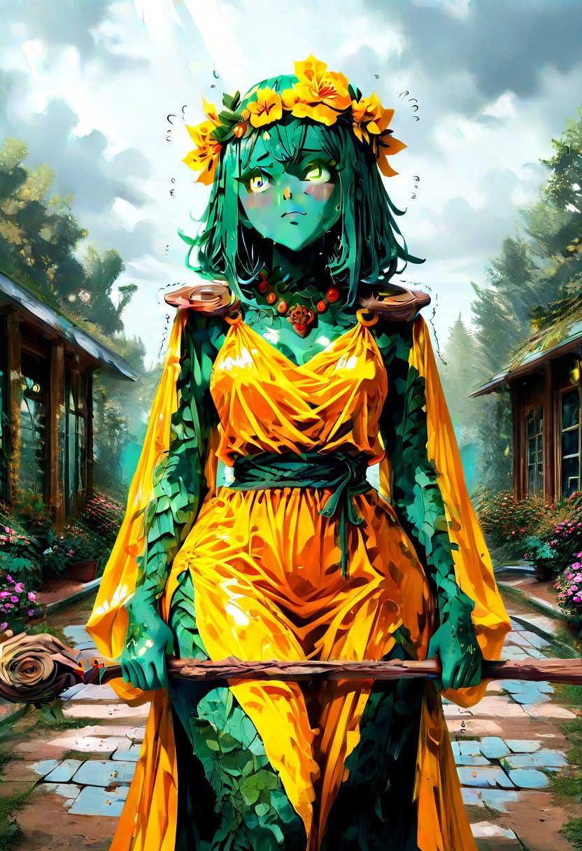 score_9,score_8_up,score_7_up,score_6_up,score_5_up,1girl, source_anime,20yo,mallow_(pokemon),pokemon,green_hair, green_eyes,curvy,wooden armored shoulder,dress made of wood,wooden hair accessories,wooden wall,greenhouse,glass house,conservatory,taiga forest in background,oil painting in background,wooden pot,blackberry bush,(dirt field),moss on bricks,clouds,(statues),(painted rocks),(floral crown),(beaded necklace),hair accesories,flower pattern,(vines),dress,holding wooden staff,long skirt,long dress,yellow dress,glowing eyes, (long nails),flower on hair,huge flowers,gold robes,(ice),flags,(wide hips),thick thighs,thick legs,(hand sign),(perfect hands), stone road,glowing brown orb,gold flowers,sunrays,symbols, tongue,happy,(steamy breath),(motion lines:1.4),drunk,sweat, ((drunk bubbles)),(trembling lines:1.4),(flying sweatdrops:1.4), masterpiece,best_quality,newest,absurdres,best shadow,light particles,highly detailed background,amazing quality,detailed face,highly detailed skin,very detailed clothes,emphasis lines, (very aesthetic),speed lines,high quality,best lighting,detailed eyes,dynamic angle,green aura,water,<lora:add-detail-xl:2>, glowing flying roses,r0535,dress is made entirely from rose,4k