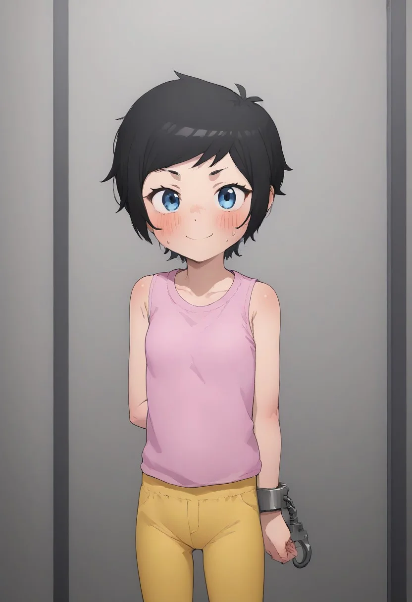 score_9, score_8_up, score_7_up, source anime, perfect face, bibiBS, solo, only 1 girl, 1 girl, girl, short height, short girl, black hair, pompadour up, pompadour hair, short hair, flat breast, flat boobs, flat chest, cute, anime eyes, anime girl, blue eye, Blush, blushing, happy, smiling,
Pink Sleeveless t-shirt, wide sleeveless t-shirt, wide strap sleeveless t-shirt, tight no sleeve t-shirt, sleeveless, no sleeve, pink color shirt, wide shirt, very tight sleeveless t-shirt, shirt tucked in, shirt tucked to pant, sweatpants, yellow trackpant, yellow trackpant, yellow long glove, yellow long elbow glove, Yellow thighhighs, yellow color thighhighs, yellow colored thighhighs, thighhighs socks,
TSH, Arm behind back, wrist behind back, cuffed behind back, handcuff, handcuffs, hand are cuffed behind back, metal handcuffs, cuffs, arm behind back, Cuffed up, cuffs, tied up with cuff, red cuff, wrist cuff, red cuffed, hand cuffed with red cuffs, hand and wrist cuffed, handcuffs behind the back, handcuffed behind the back, arm crossed behind back, wrist crossed,
in the jail cell, prison area, interrogation room, jail bars on the cell, dirty cell, imprisoned, inside a prison cell, prison, jail bars, imprisoned, indoor,
Stand, standing,