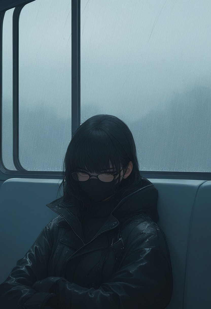 1girl, sitting on bus, by the window, black mask. Black glasses, black hair, moody, rainy, white headphone, natural beauty, aesthetic, atmospheric, black sweater, black leather coat, 
score_ 9, score_8_up, score_7_up, Style,