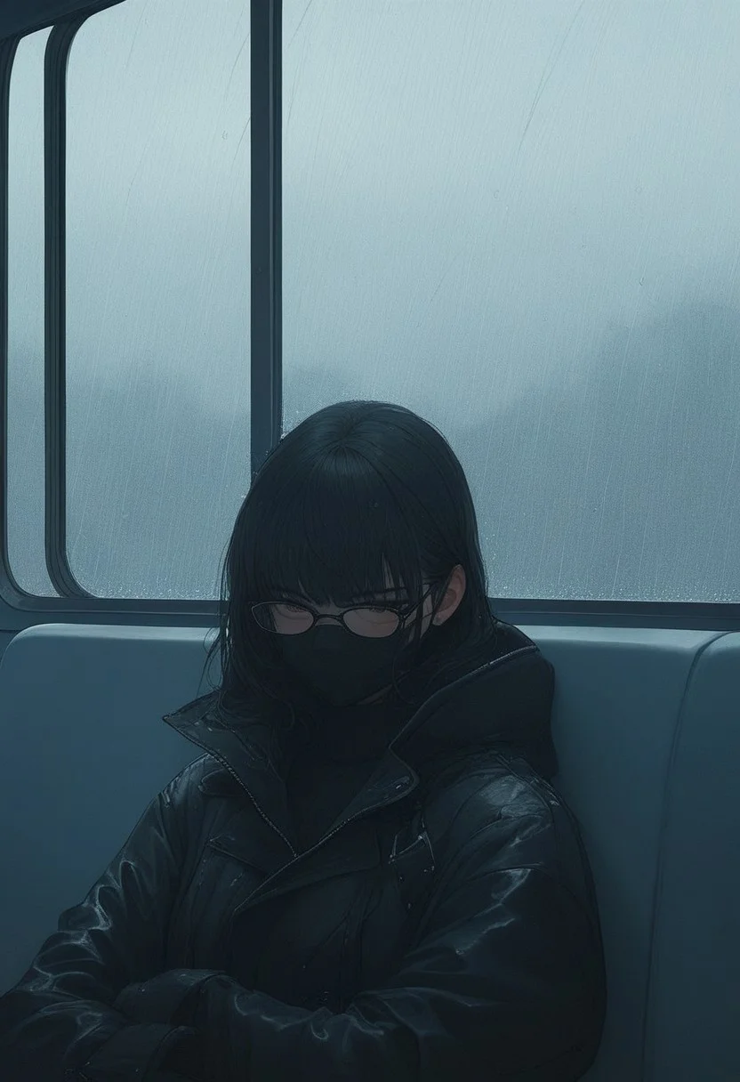 1girl, sitting on bus, by the window, black mask. Black glasses, black hair, moody, rainy, white headphone, natural beauty, aesthetic, atmospheric, black sweater, black leather coat,
score_ 9, score_8_up, score_7_up, Style,