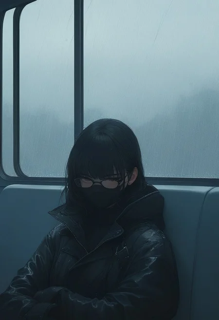 1girl, sitting on bus, by the window, black mask. Black glasses, black hair, moody, rainy, white headphone, natural beauty, aesthetic, atmospheric, black sweater, black leather coat,
score_ 9, score_8_up, score_7_up, Style,
