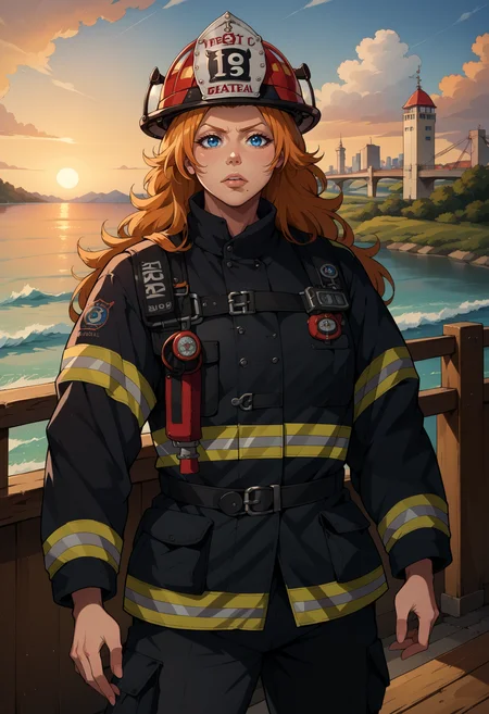 score_9, score_8_up,score_7_up, source_anime, 1girl, solo, <lora:EPblMatsumoto_epoch_4:1.0> , EPblMatsumoto, long hair, orange hair, blue eyes, large breasts, mole, mole under mouth, background, cowboy shot, EPFireFighter, <lora:EPFireFighterPony:1.0>, wearing EPFireFighter, jacket, black jacket, pants, black pants, harness, helmet, red headwear,sunset, bridge, ocean, water, building, mountainous horizon,