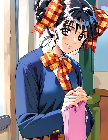 <lora:pony_xl_narusawa:0.8>,narusawa,score_9,score_8_up,score_7_up,source_anime,1girl,looking at viewer,school uniform,long sleeves,vest,pleated skirt,plaid skirt,cowboy_shot,smile,;d,