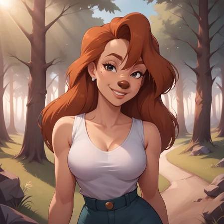 score_9, score_8, BREAK, Roxanne, goof troops, tan skin, brown nose, long wavey red hair, humanoid dog, thick red eyebrows, slim curvy figure, beauty mark, sexy pose, self portrait, smile, outdoors, sunlight, shadows, evening lighting, natural lighting, forest, trees, grass, orange sky, sunset