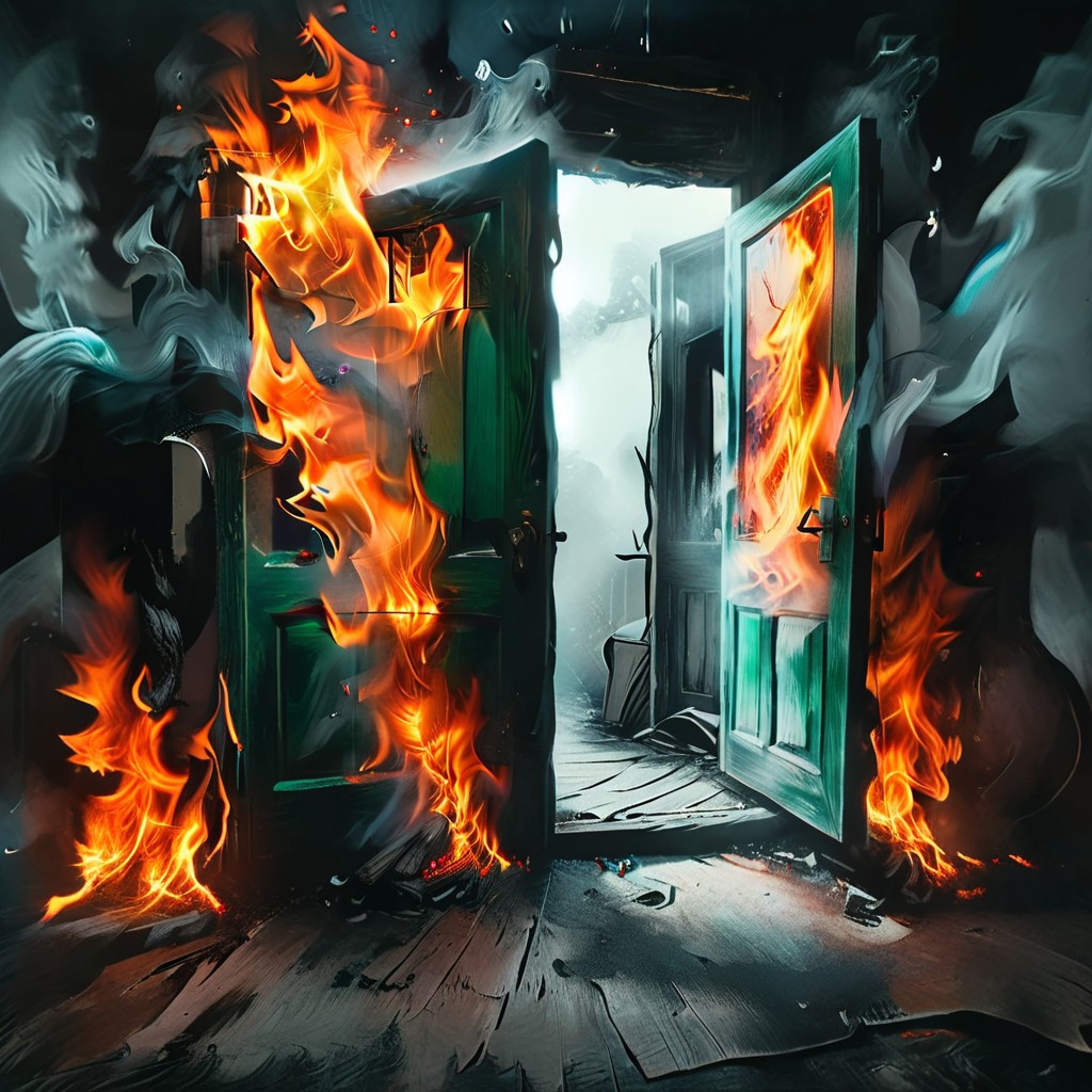 <lora:flame silhouette:1>,  <lora:flame:1>, flame,
burning office green door, 
graphic style of novel comics, perfect hands, 2d,
8k, hyperrealism, masterpiece, high resolution, best quality, ultra-detailed, super realistic, Hyperrealistic art, high-quality, ultra high res, highest detailed, lot of details, Extremely high-resolution details, incredibly lifelike, colourful, soft cinematic light,
