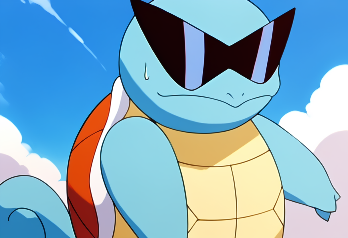 (score_9:0.9),score_8_up,score_7_up,anime style,rating_safe,(zPDXL),<lora:Squirtle ponyXL v3:1>,squirtle0007, solo, sky, sunglasses, sweatdrop, day, cloud, closed mouth, blue sky, parody, outdoors, frown, upper body