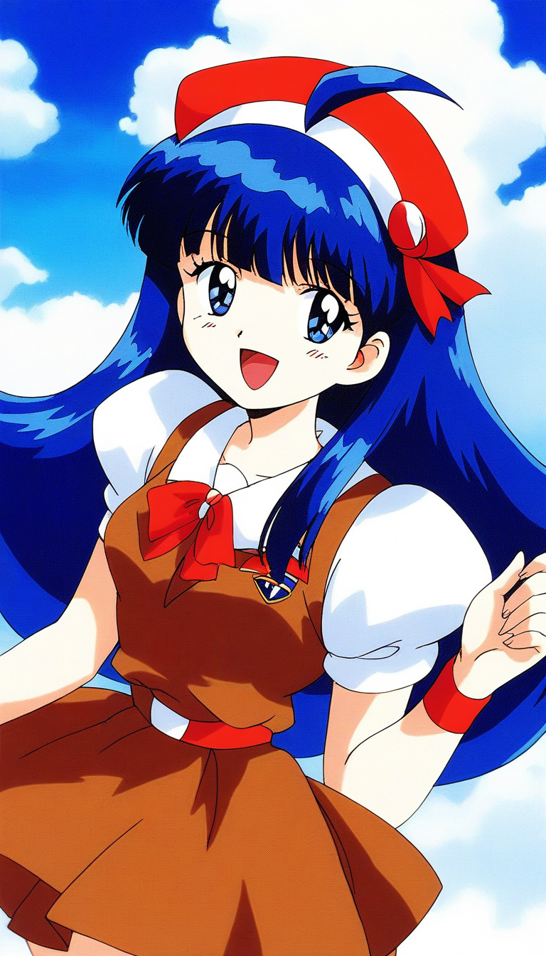 score_9, score_8_up, score_7_up, source_anime, rating_explicit, BREAK <lora:Tsurugino_Hikari_XL:1>Tsurugino_Hikari, long hair, blue hair, 1990s (style), hairband, blue eyes, bangs, ahoge, small breasts,
1girl, solo, hat, retro artstyle, skirt, open mouth, School uniform, smile, 
wristband, looking at viewer,  puffy sleeves, short sleeves, bow, 
brown dress, :d
dauy, sky, outdoor.