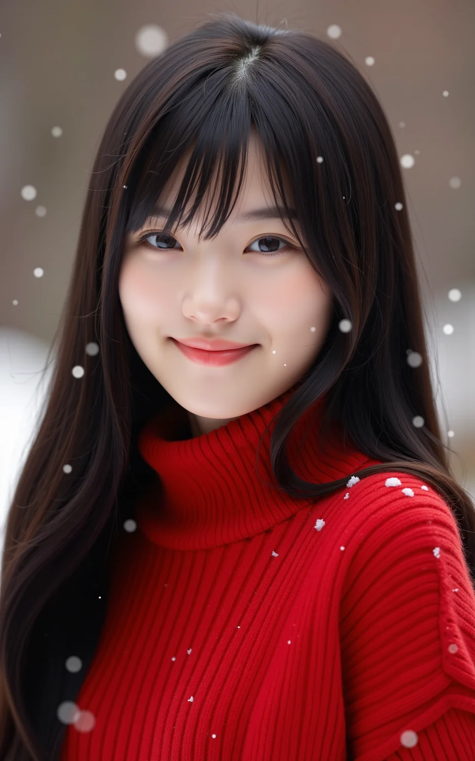 A black-haired girl in a close-up upper body shot,wearing a vibrant red sweater,smiling with an elegant pose. Snowflakes gently falling around her,with a blurred background to highlight her facial expression and the texture of the sweater. Soft natural light creates a warm atmosphere,realistic photography style.,<lora:baby-base-01-flux:0.7>,baby,long black hair,bangs,she has a slender physique and a petite build,