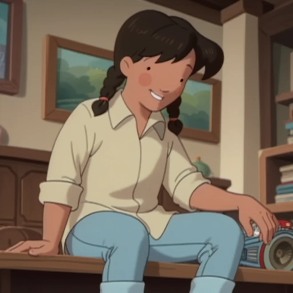 score_9, score_8_up, score_7_up, masterpiece, solo, 1girl, blgs3, detailed face, black dot eyes, brown hair, twin braids, twintails, shirt, blush stickers, smile, pants, sleeves rolled up, parody, indoors, sitting, young, denim, simple blurry background, Volumetric Lighting, <lora:blgs3-000011:1>,