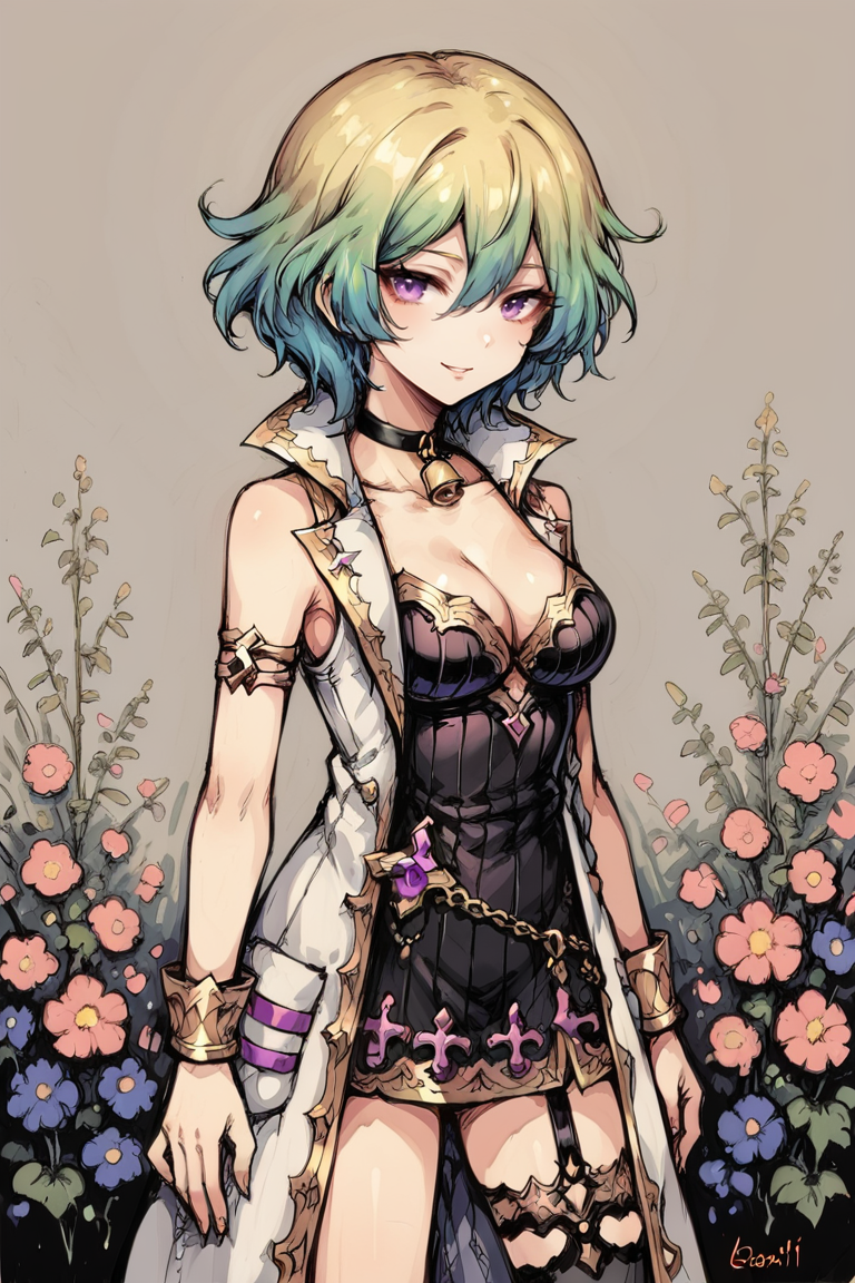 (score_9, score_8_up, score_7_up),  <lora:d4rkpurpXLP:0.7> , d4rkpurp, source anime, BREAK
<lora:Ionia2:0.7> , iodef, 1girl, mole, purple eyes, hair between eyes, short hair, two-tone hair, gradient hair, multicolored hair, yellow hair, green hair, collar jewel, black choker, neck bell, white coat, lab coat, popped collar, lapels, purple lapel, ribbed dress, black dress, gold trim, breasts, cleavage, gold armlet, armlet, multiple belts, thighhighs, single thighhigh, black thighhigh, asymmetrical legwear, mismatched legwear, uneven legwear, (cowboy shot), smile, looking at viewer, solo, standing, BREAK,
cathedral, exterior, cross,, flowers, <lora:zy_Detailed_Backgrounds_v1:0.15> , detailed background, highly detailed,