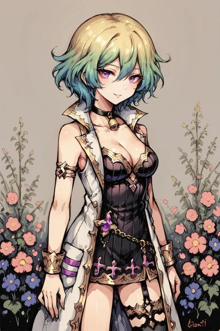 (score_9, score_8_up, score_7_up), <lora:d4rkpurpXLP:0.7> , d4rkpurp, source anime, BREAK
<lora:Ionia2:0.7> , iodef, 1girl, mole, purple eyes, hair between eyes, short hair, two-tone hair, gradient hair, multicolored hair, yellow hair, green hair, collar jewel, black choker, neck bell, white coat, lab coat, popped collar, lapels, purple lapel, ribbed dress, black dress, gold trim, breasts, cleavage, gold armlet, armlet, multiple belts, thighhighs, single thighhigh, black thighhigh, asymmetrical legwear, mismatched legwear, uneven legwear, (cowboy shot), smile, looking at viewer, solo, standing, BREAK,
cathedral, exterior, cross,, flowers, <lora:zy_Detailed_Backgrounds_v1:0.15> , detailed background, highly detailed,