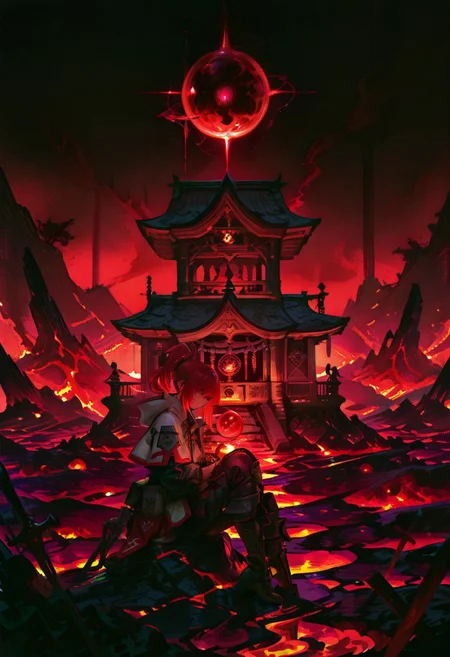 a brutalist Shrine sitting on lava, dramatic apocalypse, dim light, dramatic lighting, __drama__ color scheme, huge red sphere on the background