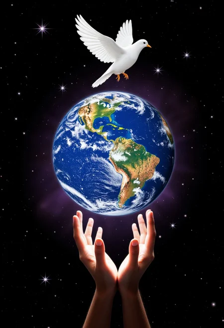 realistic. black background. space. stars. In the middle of the picture is 1 big earth. big earth is held up by two little hands. two hands at the bottom of the picture. A white dove of peace is at the top of the picture.
perfection style, vivid colors, colorful, vivid background, by jwst, by chandra, galaxy, nebula, galaxy, stars, aidmaMJ6.1,