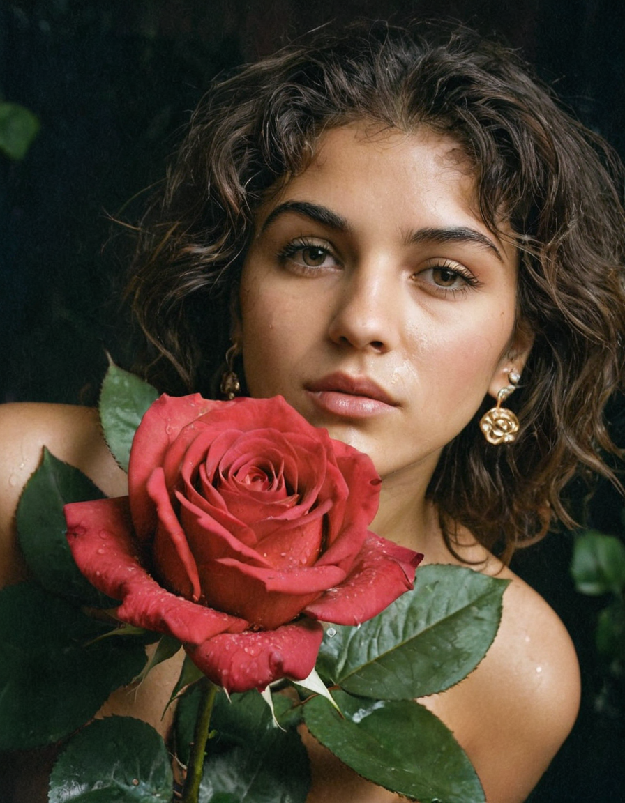 (masterpiece), (best quality), (ultra-detailed), hyper realistic postcard with several big bright unnatural non-existant fantastic flowers like roses dggy, illustration, disheveled hair, detailed eyes, perfect composition, moist skin, intricate details, earrings, photograph hyper realistic postcard with several big bright unnatural non-existant fantastic flowers like roses dggy, 50mm . cinematic 4k epic detailed 4k epic detailed photograph shot on kodak detailed cinematic hbo dark moody, 35mm photo, grainy, vignette, vintage, Kodachrome, Lomography, stained, highly detailed, found footage