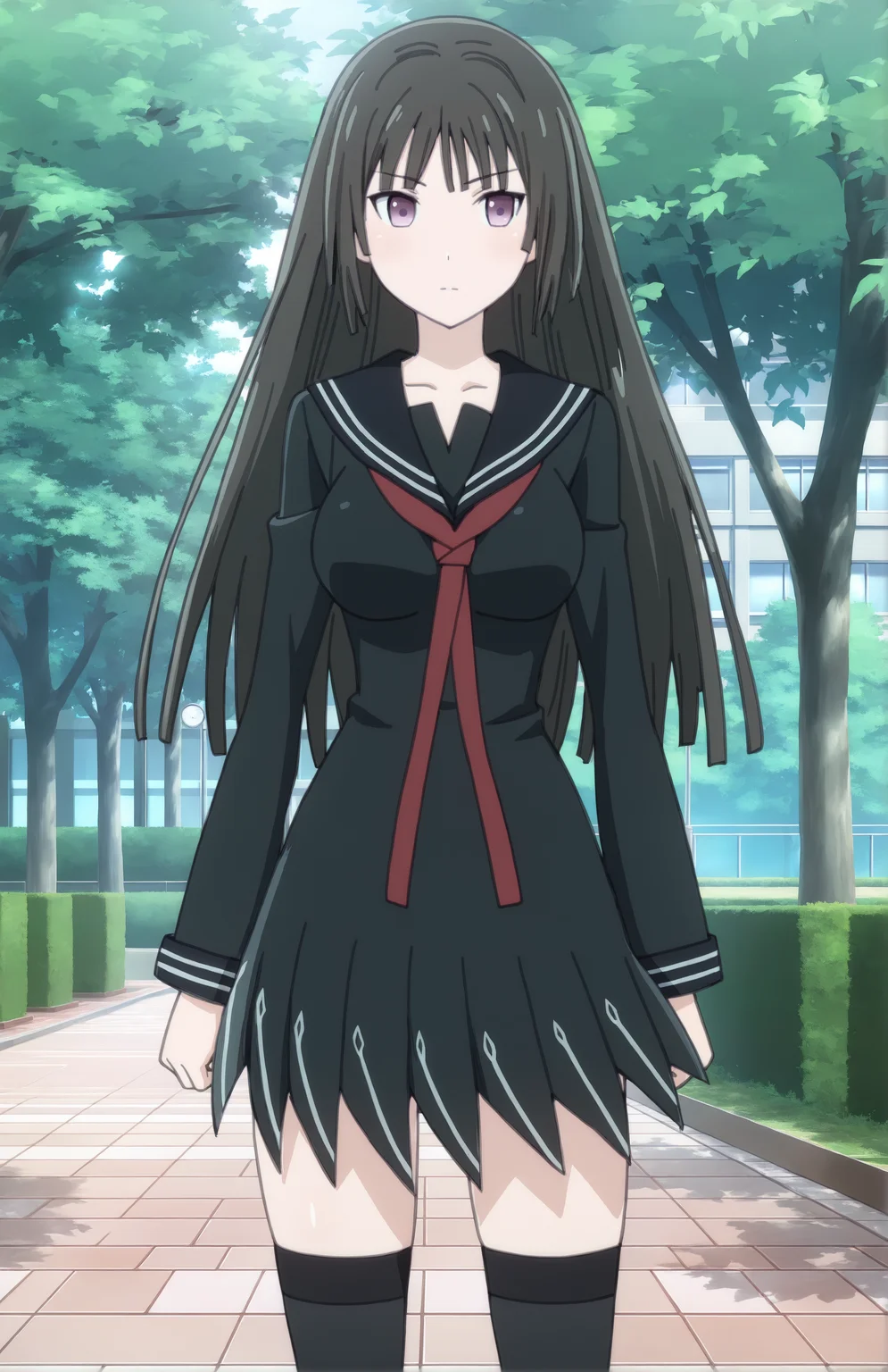 TendouKisara, 1girl, solo, long hair, black hair, purple eyes, school uniform, black serafuku, long sleeves, black thighhighs, standing, front view, portrait, park,
