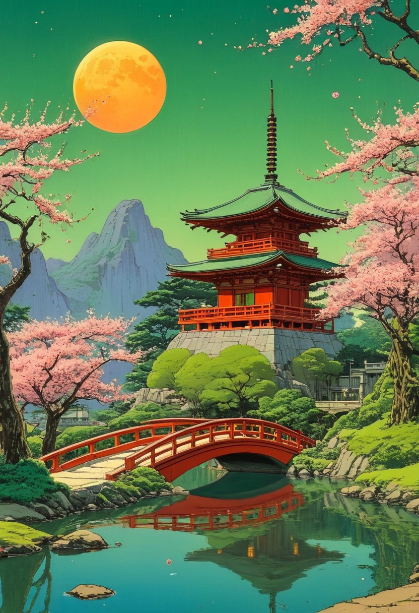 An intricately detailed scene of a traditional Japanese pagoda illuminated by warm red and golden light, surrounded by cherry blossoms and lush green trees. The night sky is dominated by a glowing full moon, casting a soft mystical light. A red arched bridge crosses a still pond, reflecting the structure and the moonlight. The atmosphere is serene, blending realism with a fantasy-like dreamscape. (anime, cyberpunk, Moebius (Jean Giraud) Style page)