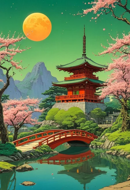 An intricately detailed scene of a traditional Japanese pagoda illuminated by warm red and golden light, surrounded by cherry blossoms and lush green trees. The night sky is dominated by a glowing full moon, casting a soft mystical light. A red arched bridge crosses a still pond, reflecting the structure and the moonlight. The atmosphere is serene, blending realism with a fantasy-like dreamscape. (anime, cyberpunk, Moebius (Jean Giraud) Style page)