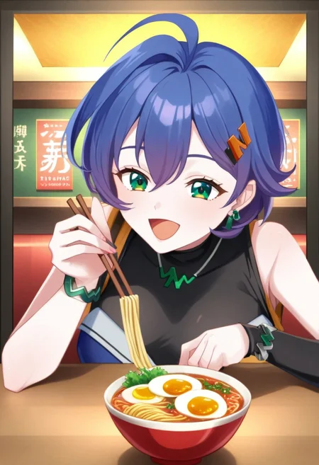 score_9, score_8_up, pov,score_7_up,source_anime,rating_questionable,Expressiveh,concept art,dark theme,masterpiece,highly detailed, ((best quality, ultra-detailed)), perfect anatomy, ((High detailed, detailed background)), beautiful face, deep skin, glistening skin, ((skindentation)), ((portrait)), sandwiched, pale skin,BREAK 1gril,solo,belle,belle \(zenless zone zero\),Belle_(Zenless_Zone_Zero),green_eyes, blue_hair, short_hair, ahoge, medium_breasts, hair_ornament,single fingerless glove,single thighhigh, black shirt, earrings, hairclip,sneakers, layered skirt, single sock,sleeveless jacket, asymmetrical legwear,necklace, bracelet,BREAK close-up, eating ramen, laughing, cheerful, open mouth, eyes wide open, dynamic pose, scenery, inside of old Ramen restaurants in Japan, a cup of coffee with Starbucks logo and a bowl of ramen on the table, Dharma logo sign, facial expression,more detail XL, food, eating noodles, bowl, chopsticks, egg, holding chopsticks, ramen,